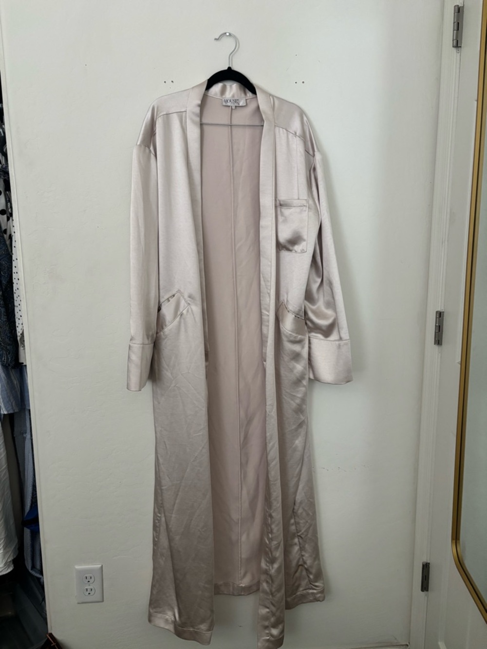 House of CB Long Satin Kimono Duster Robe in Light Champagne